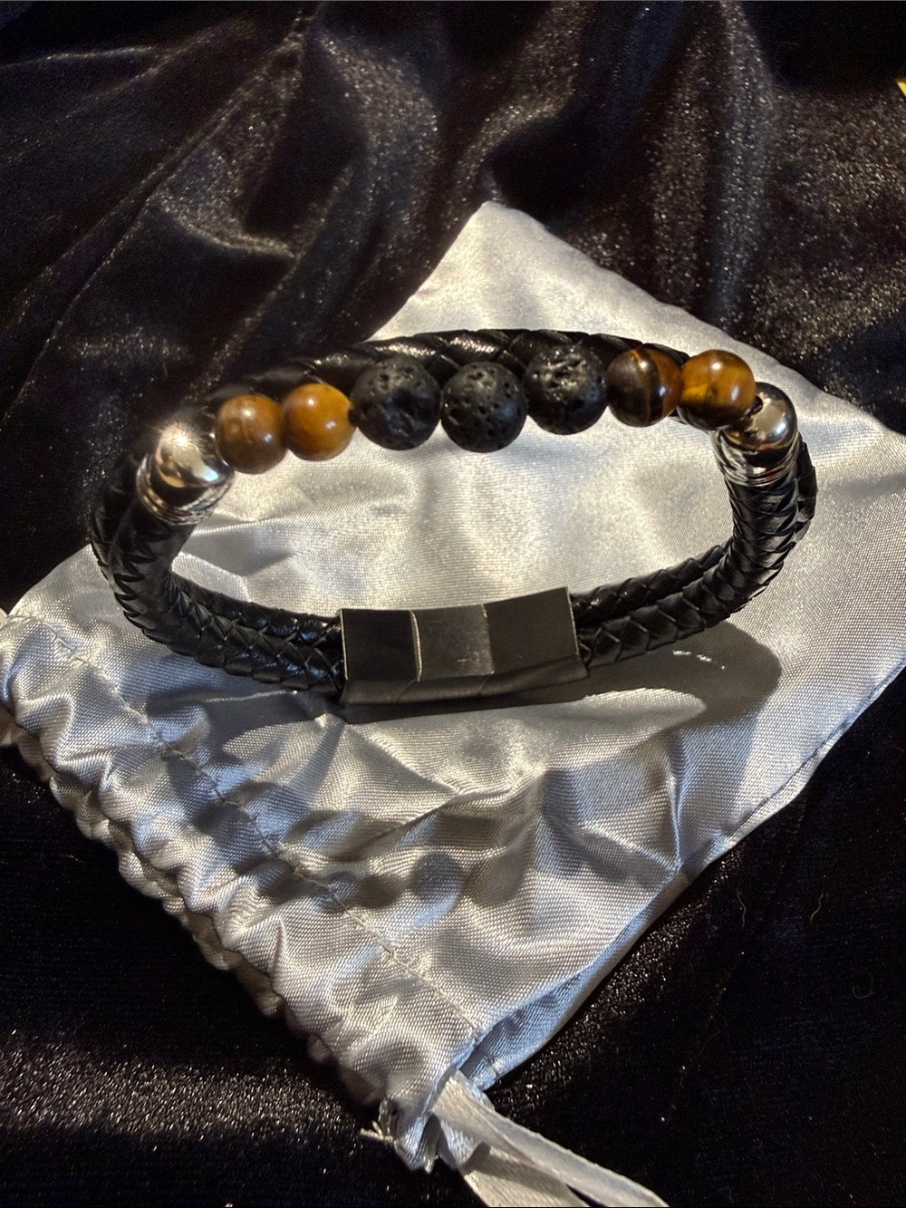 Men's Black Braided Leather Lava Stone & Tiger Eye Bead Bracelet